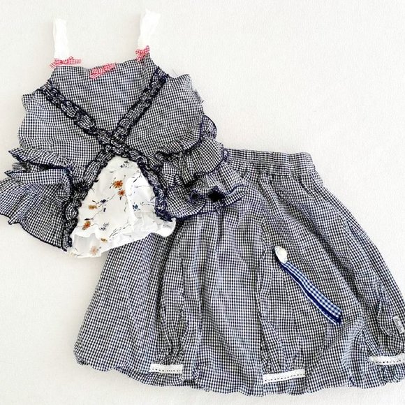 POM POM CASUAL Dutch girls SKIRT Set Black White Check Lace Ruffles 5 6 - Picture 1 of 2